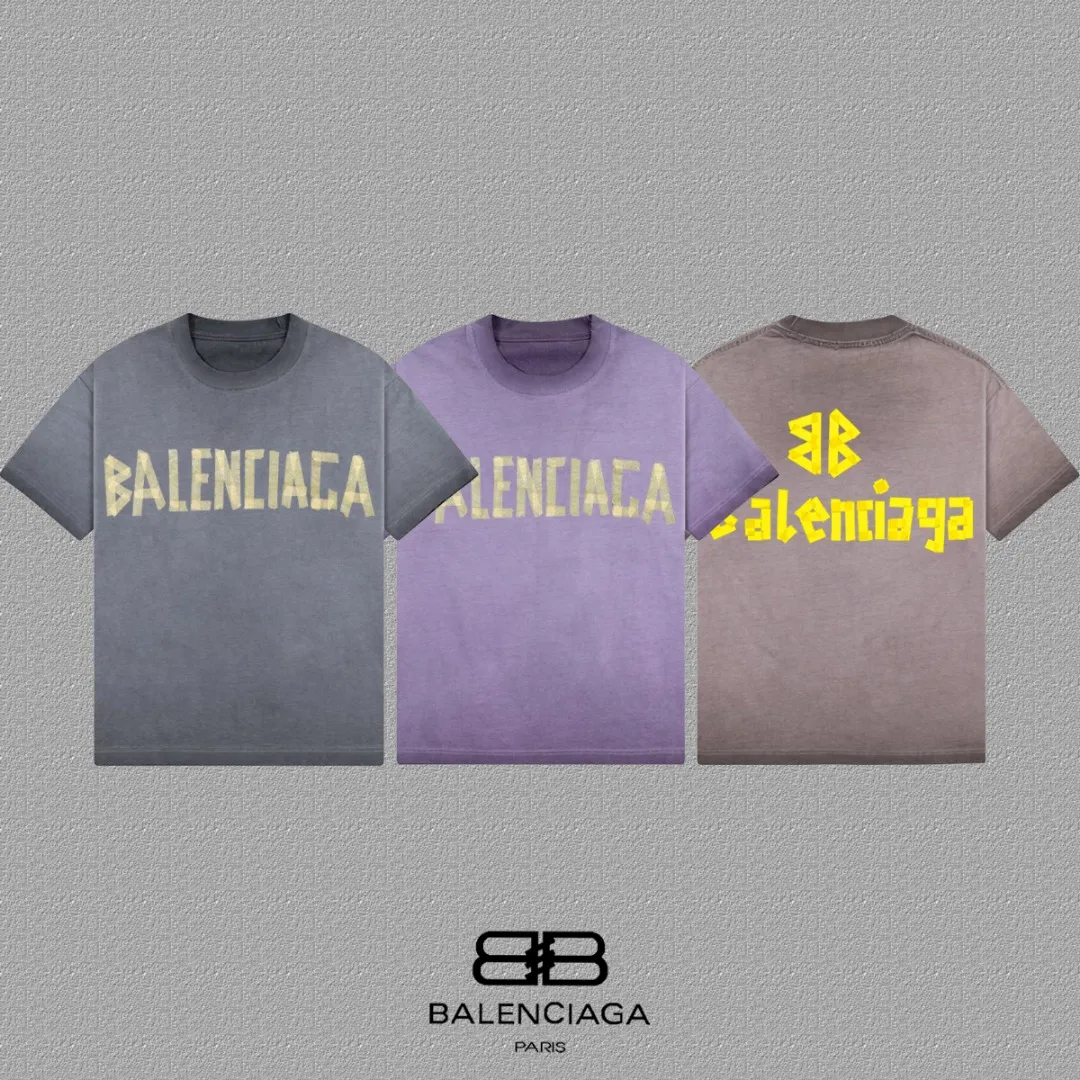 P90✨🔥 [balenciaga] 2026FW Paris Tape Letters Short Sleeve T-Shirt Premium 26s Double Yarn 300g Fabric Washed and sprayed with distressed process Color: Washed Brown Washed Purple Washed Gray Size: S M L XL 2XL